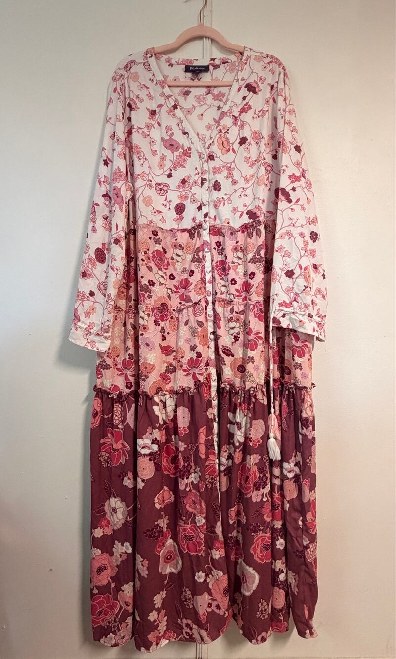 Roamans 24 Pink Floral Patchwork Tiered Maxi Dress Long Sleeve Boho Cottagecore
